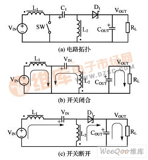 SEPIC电路拓扑和电流流向示意图