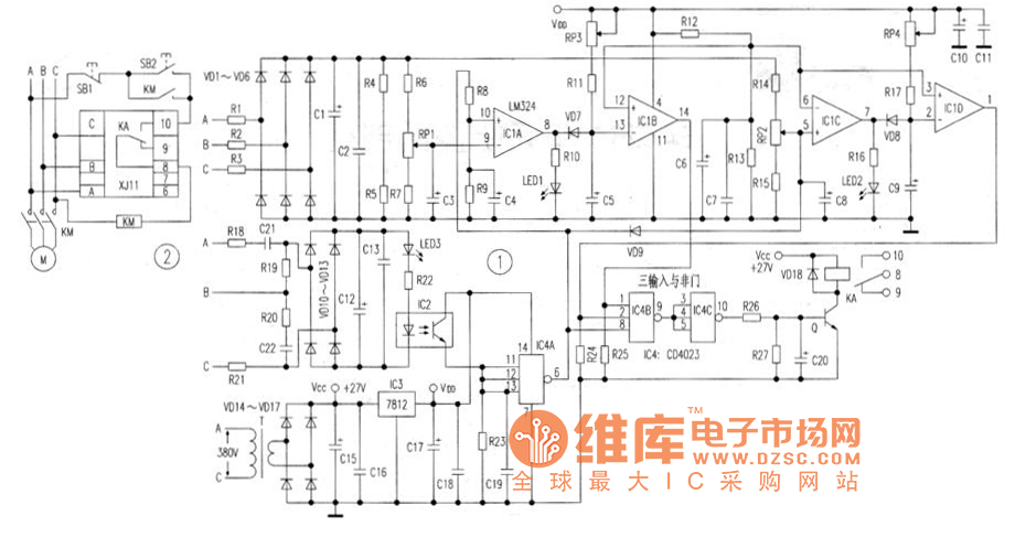 XJ11型电动机保护器的电路原理图如图1和安装使用时的接线图如图2