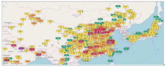 亚洲空气污染实时AQI监测数据图(2017年9月6日数据)