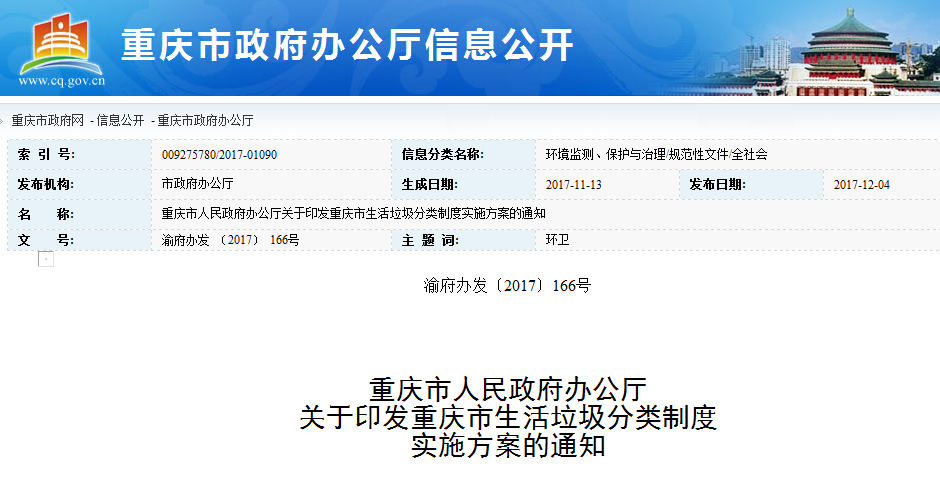 重庆市人民政府办公厅关于印发重庆市生活垃圾分类制度实施方案的通知