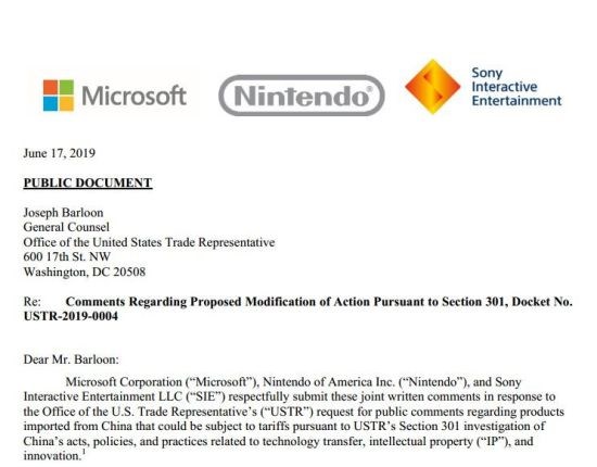 微软、任天堂、索尼递交联名信，反对美国关税政策