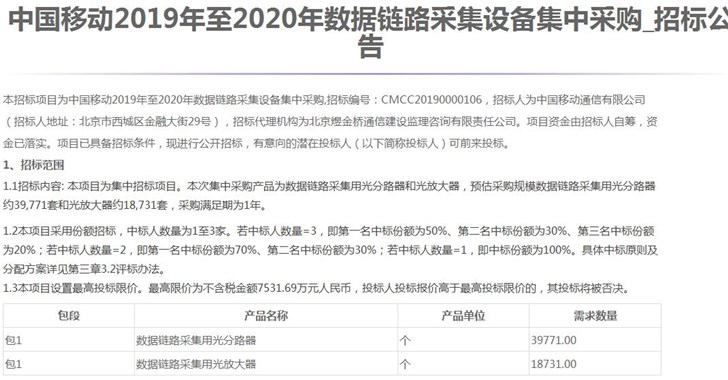 中国移动启动2019年数据链路采集设备招标：金额达7531.69万元