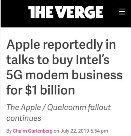 外媒：苹果计划10亿美元“拿下”英特尔5G基带业务