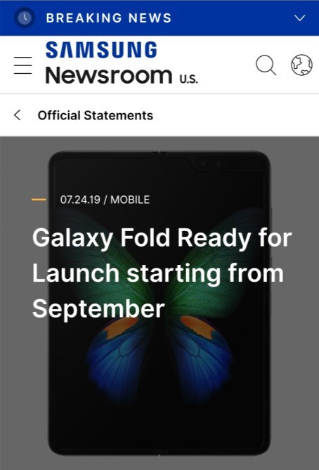 三星宣布已修复Galaxy Fold 9月重新上架