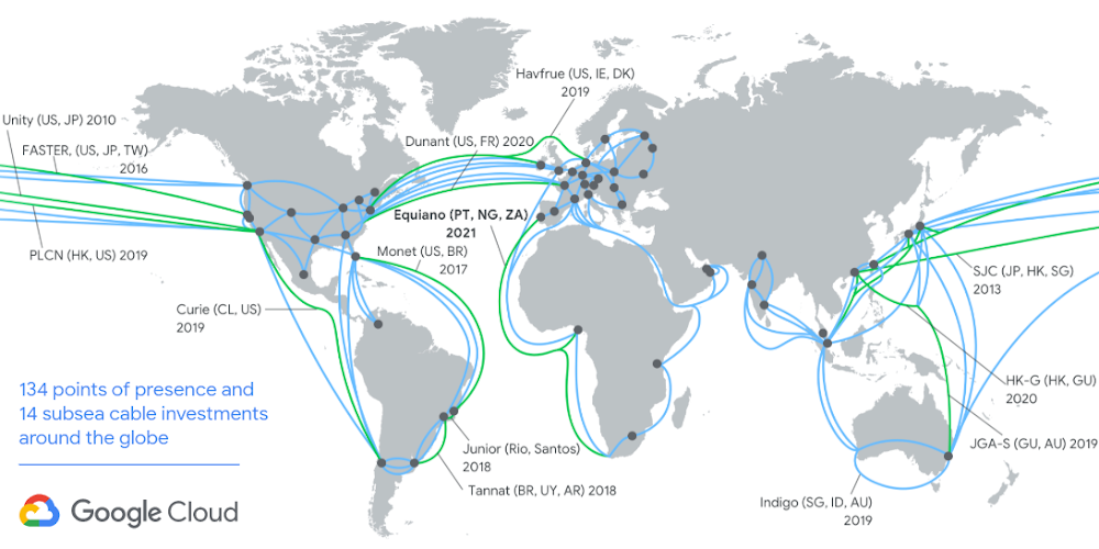 谷歌第三条海底光缆系统Equiano拟于2021年投产