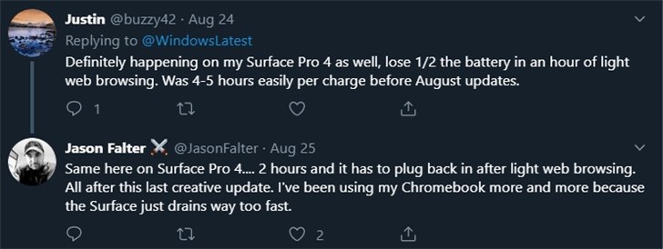 微软Surface Laptop 2/Pro 4电池新Bug：7分钟掉电25%