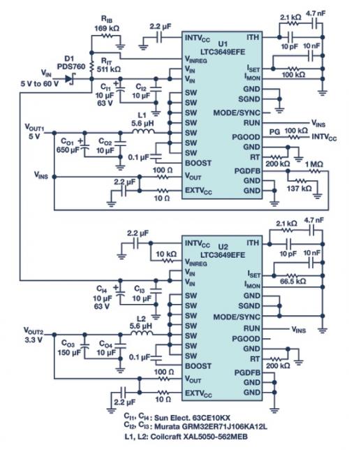 60 V输入单芯片转换器可在没有超级电容或其他附加元件的情况下为关键电路供电