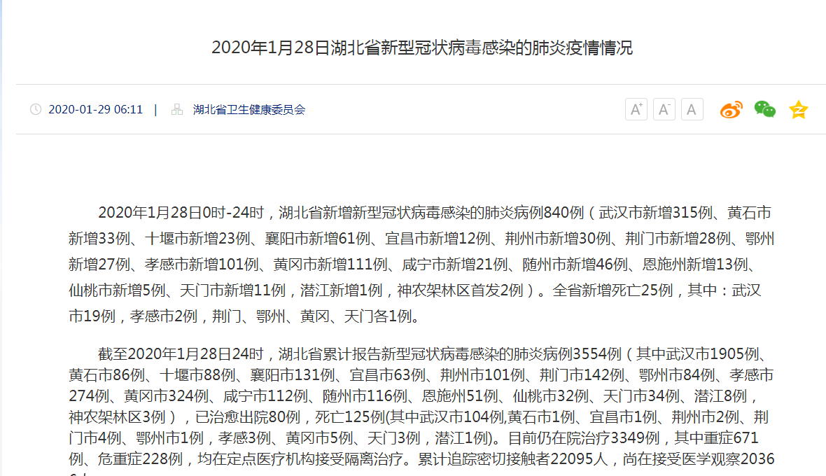 湖北新增新型肺炎病例840例 累计确诊增至3554例