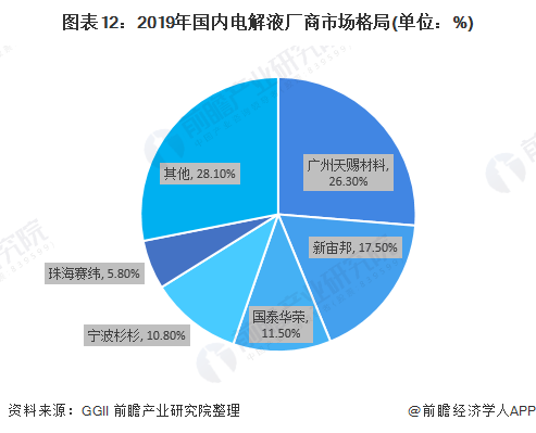 图表12：2019年国内电解液厂商市场格局(单位：%)
