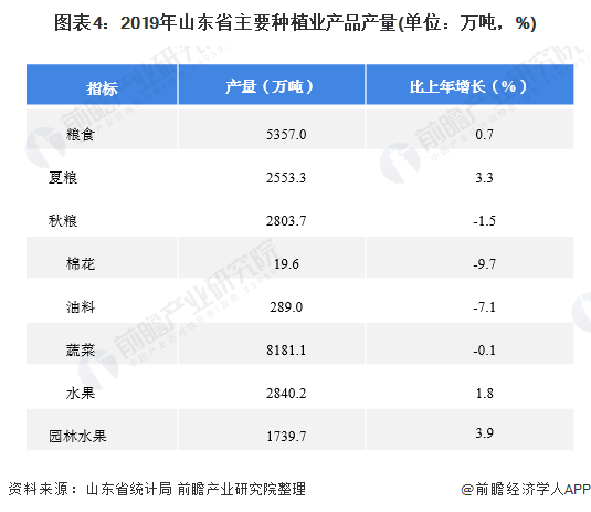 图表4：2019年山东省主要种植业产品产量(单位：万吨，%)