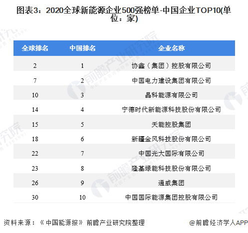 图表3：2020全球新能源企业500强榜单-中国企业TOP10(单位：家)
