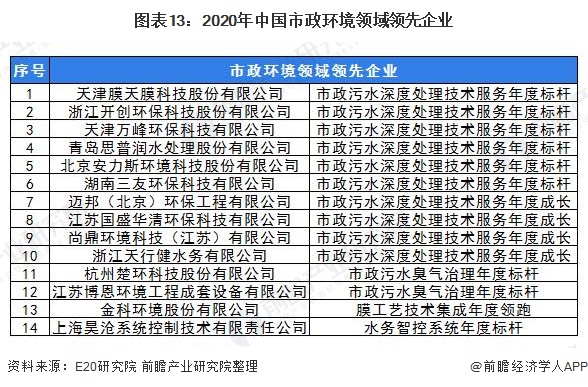 图表13：2020年中国市政环境领域领先企业