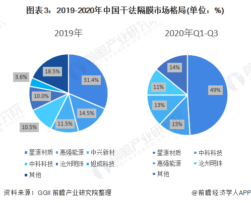 图表3：2019-2020年中国干法隔膜市场格局(单位：%)