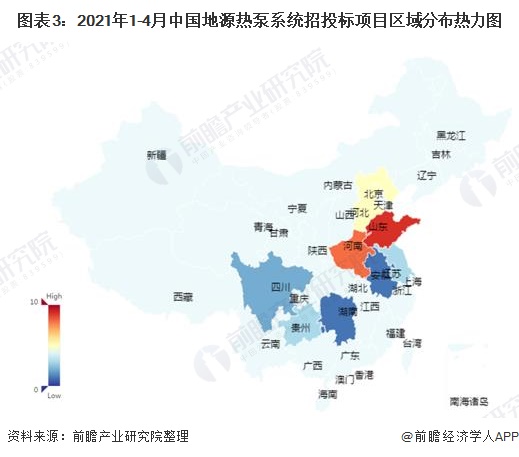 图表3：2021年1-4月中国地源热泵系统招投标项目区域分布热力图