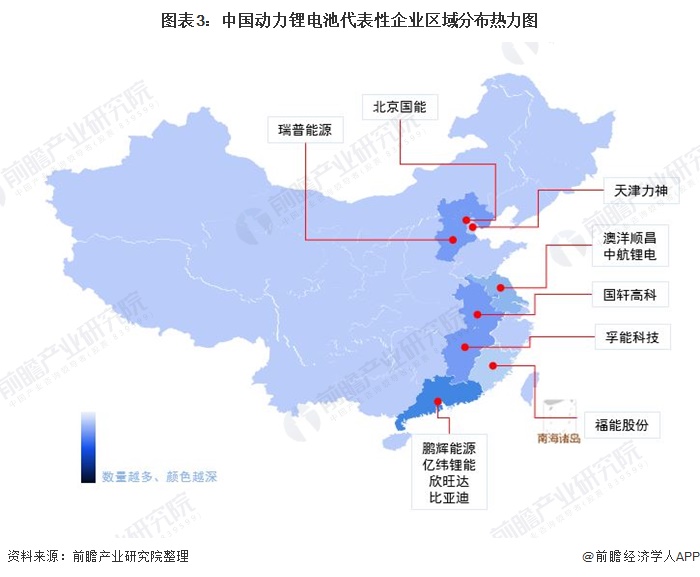 图表3：中国动力锂电池代表性企业区域分布热力图