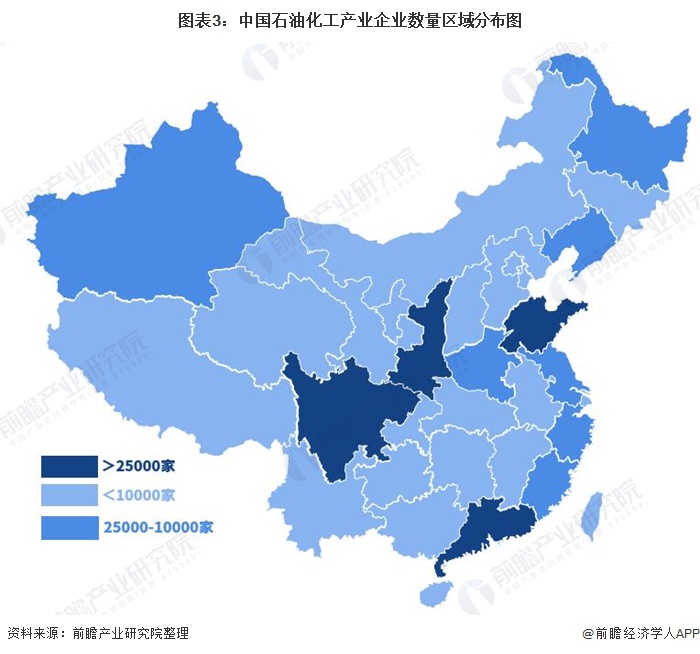 图表3中国石油化工产业企业数量区域分布图