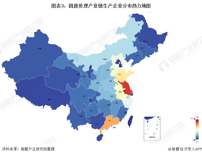 图表3：固废处理产业链生产企业分布热力地图