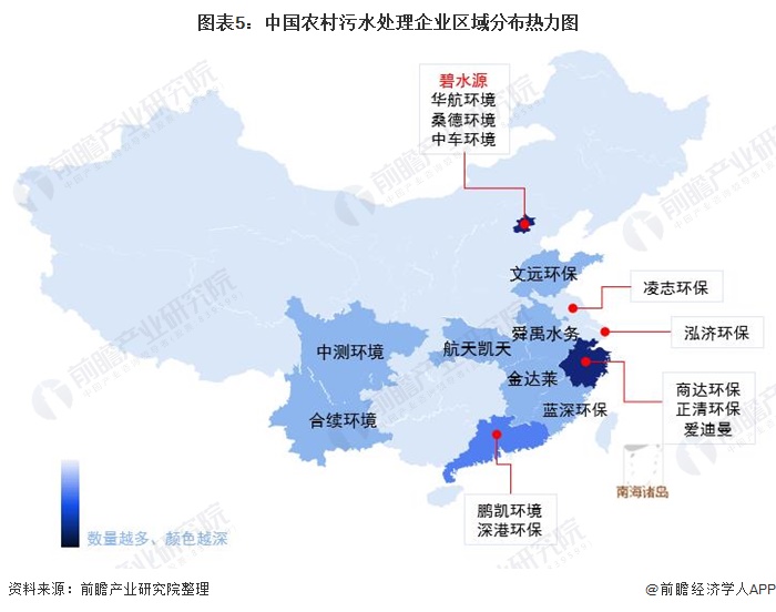 图表5：中国农村污水处理企业区域分布热力图
