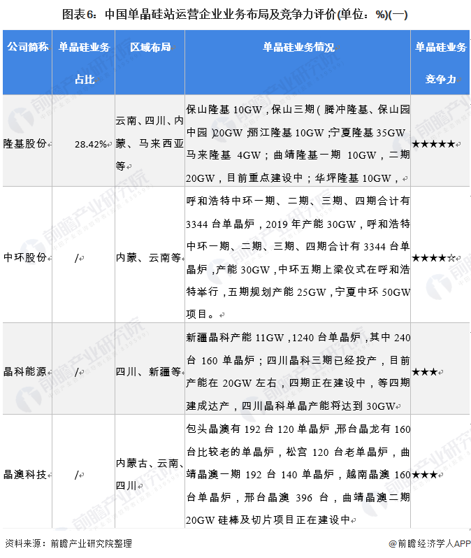 图表6中国单晶硅站运营企业业务布局及竞争力评价(单位%)(一)