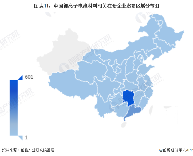 图表11：中国锂离子电池材料相关注册企业数量区域分布图