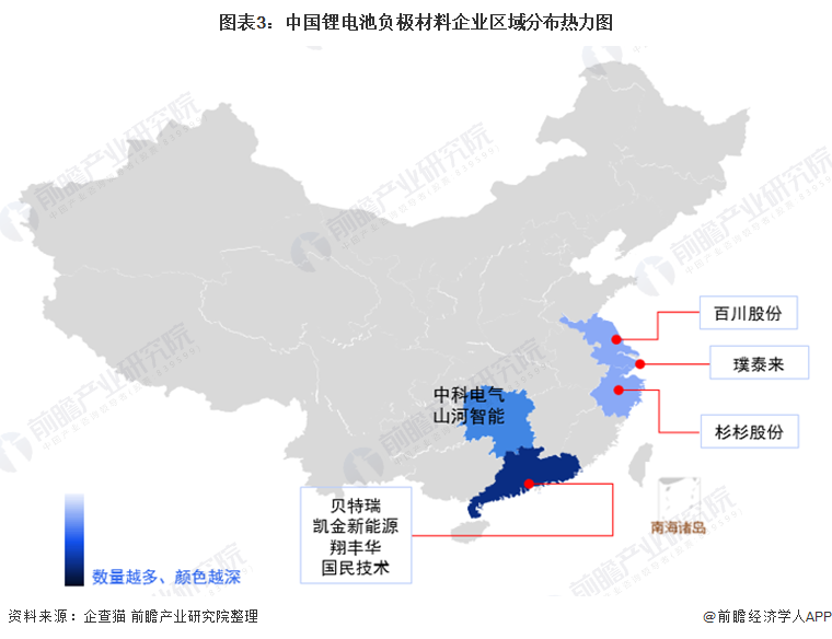 图表3：中国锂电池负极材料企业区域分布热力图