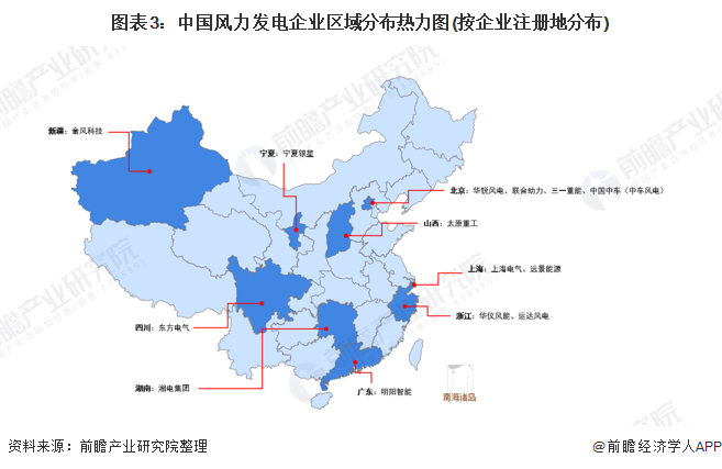 图表3中国风力发电企业区域分布热力图(按企业注册地分布)