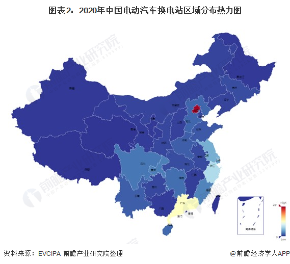 图表2：2020年中国电动汽车换电站区域分布热力图