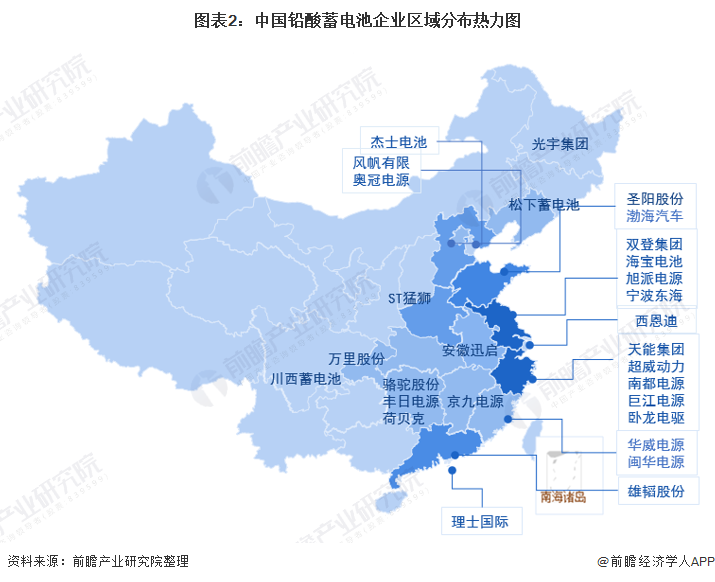 图表2：中国铅酸蓄电池企业区域分布热力图