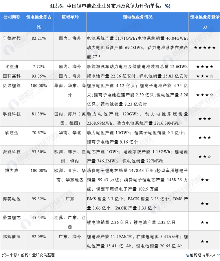 图表6：中国锂电池企业业务布局及竞争力评价(单位：%)