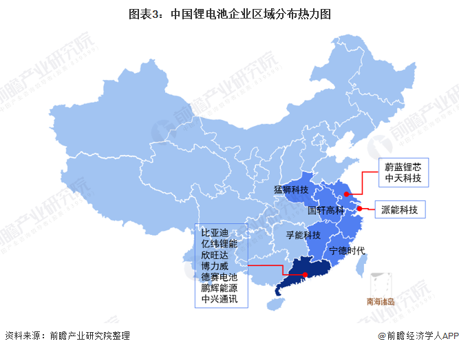 图表3：中国锂电池企业区域分布热力图