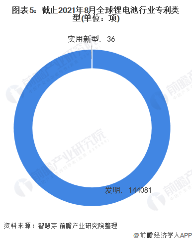 图表5：截止2021年8月全球锂电池行业专利类型(单位：项)