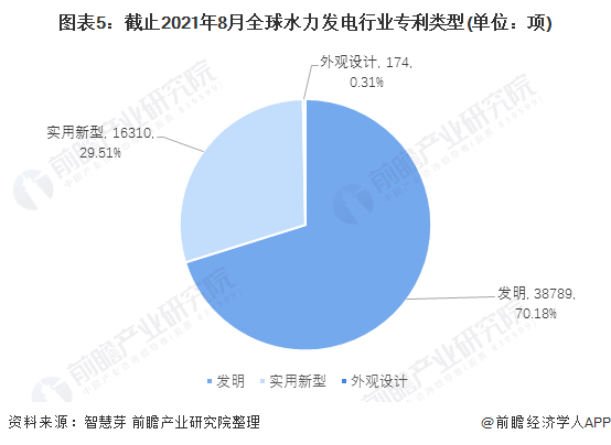 图表5：截止2021年8月全球水力发电行业专利类型(单位：项)