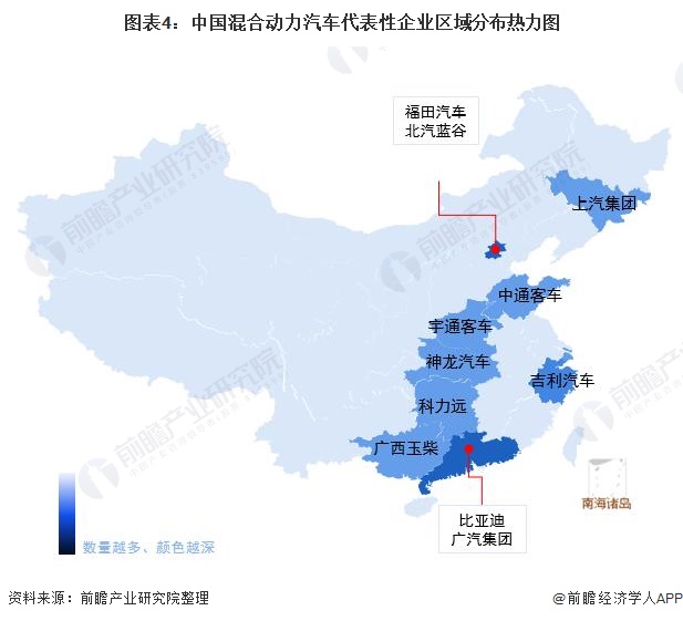 圖表4：中國(guó)混合動(dòng)力汽車(chē)代表性企業(yè)區(qū)域分布熱力圖