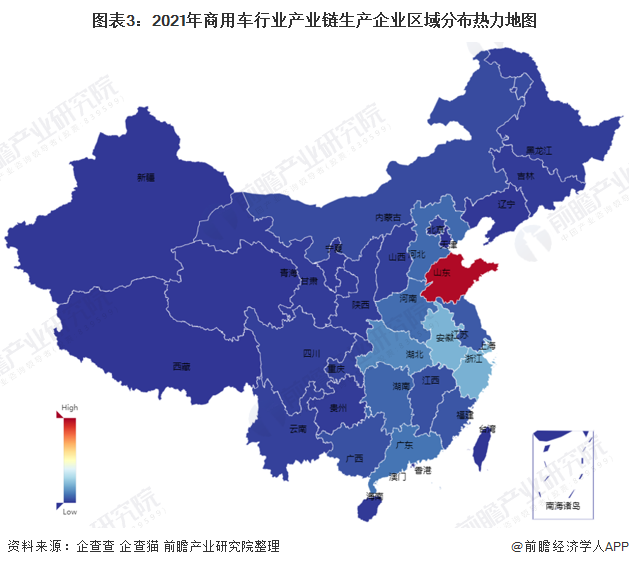 圖表3：2021年商用車行業(yè)產(chǎn)業(yè)鏈生產(chǎn)企業(yè)區(qū)域分布熱力地圖