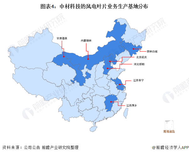 圖表4中材科技的風(fēng)電葉片業(yè)務(wù)生產(chǎn)基地分布