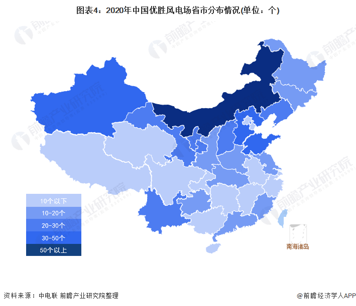 图表42020年中国优胜风电场省市分布情况(单位个)