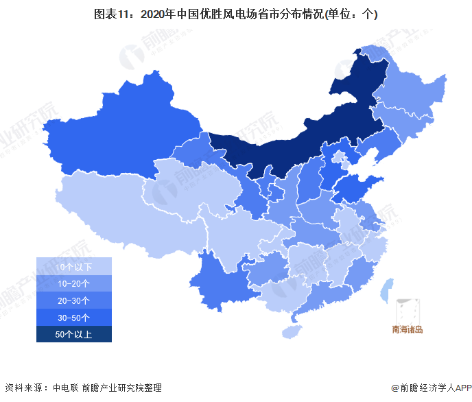 图表112020年中国优胜风电场省市分布情况(单位个)