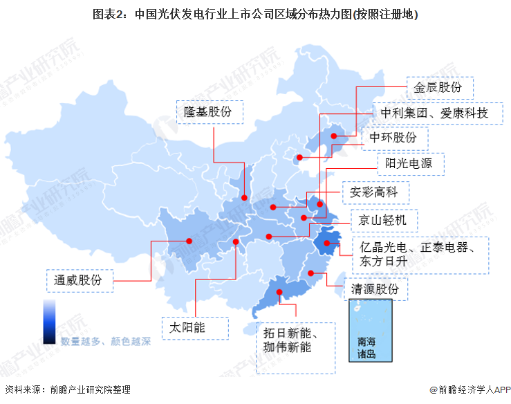 图表2中国光伏发电行业上市公司区域分布热力图(按照注册地)