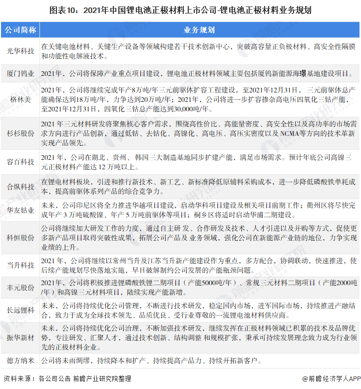 图表10：2021年中国锂电池正极材料上市公司-锂电池正极材料业务规划
