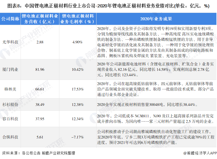图表8：中国锂电池正极材料行业上市公司-2020年锂电池正极材料业务业绩对比(单位：亿元，%)