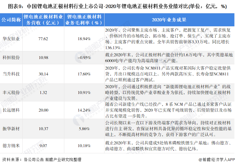 图表9：中国锂电池正极材料行业上市公司-2020年锂电池正极材料业务业绩对比(单位：亿元，%)