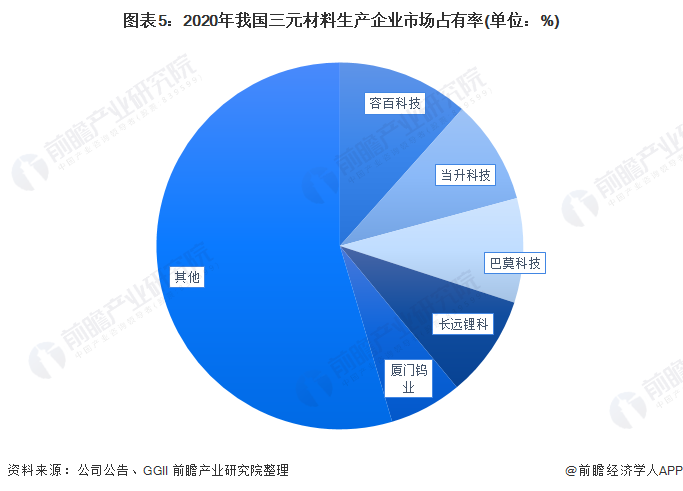 图表5：2020年我国三元材料生产企业市场占有率(单位：%)