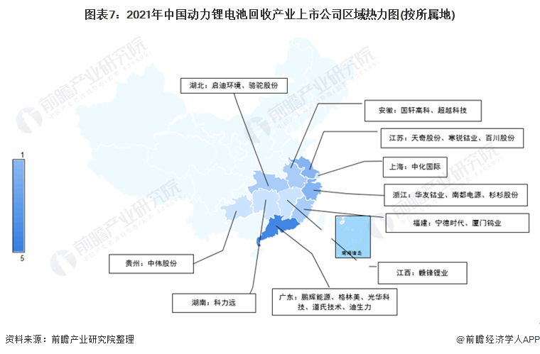 图表7：2021年中国动力锂电池回收产业上市公司区域热力图(按所属地)