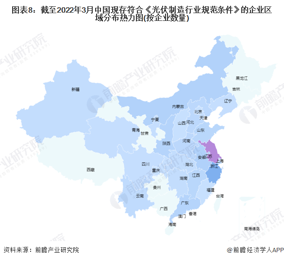 图表8截至2022年3月中国现存符合《光伏制造行业规范条件》的企业区域分布热力图(按企业数量)