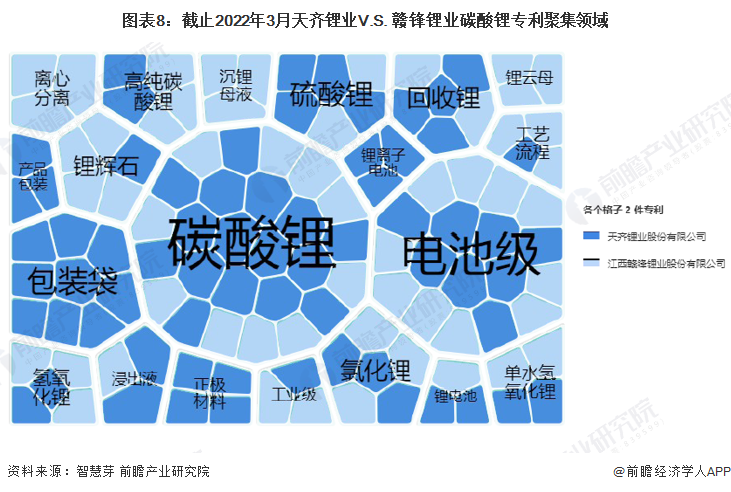 图表8：截止2022年3月天齐锂业V.S. 赣锋锂业碳酸锂专利聚集领域