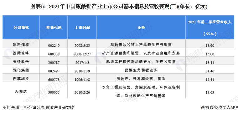 图表5：2021年中国碳酸锂产业上市公司基本信息及营收表现(三)(单位：亿元)