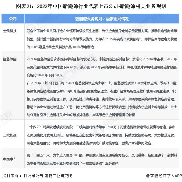 图表212022年中国新能源行业代表上市公司-新能源相关业务规划