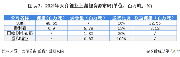 图表7：2021年天齐锂业上游锂资源布局(单位：百万吨，%)