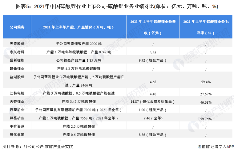 图表5：2021年中国碳酸锂行业上市公司-碳酸锂业务业绩对比(单位：亿元、万吨、吨、%)