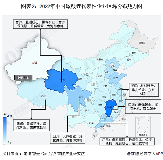 图表2：2022年中国碳酸锂代表性企业区域分布热力图